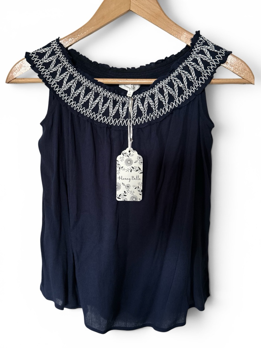 Honey Belle Navy Tank Top with White Embroidered Yoke
Size Small
NWT